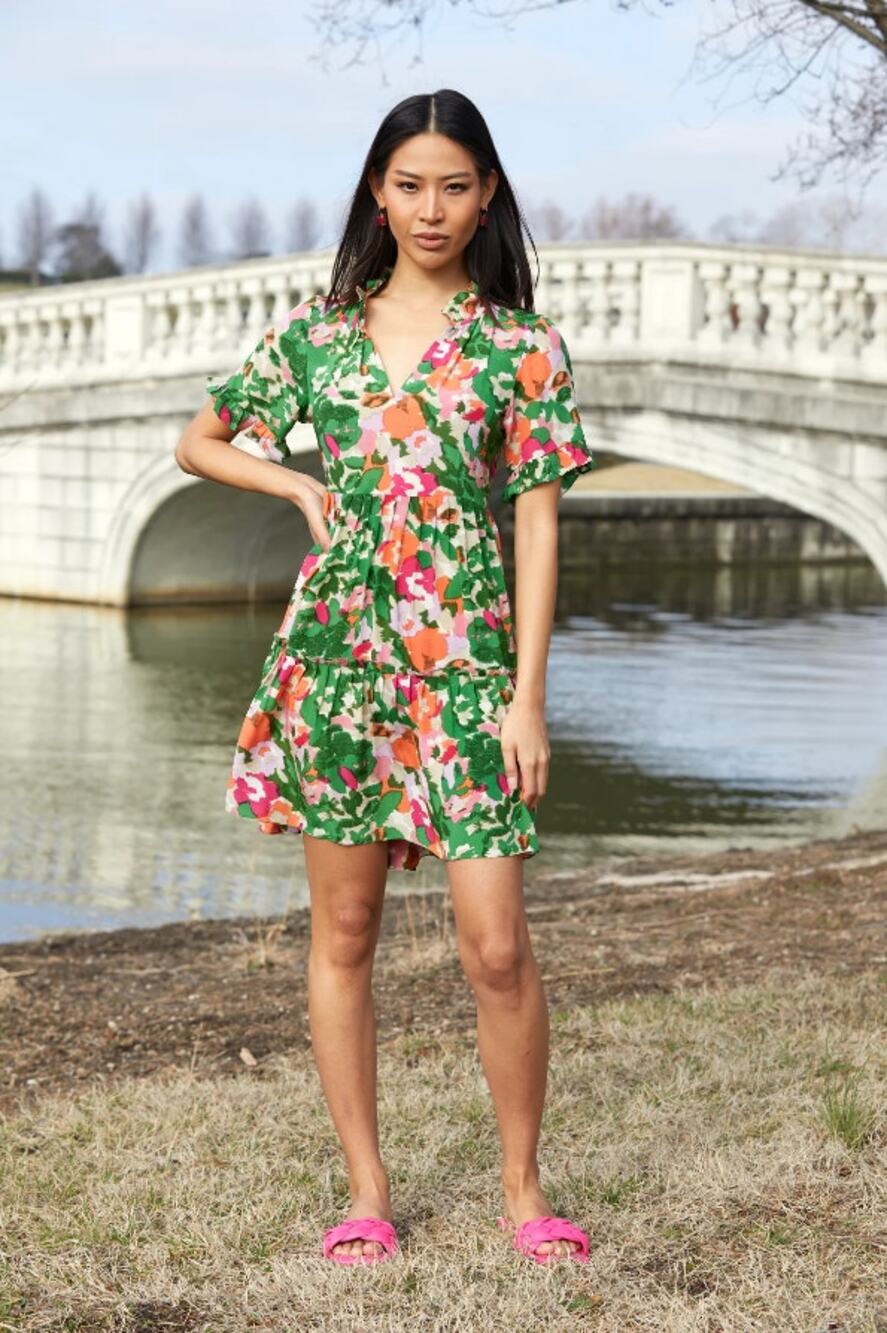 Rungolee Womens Porto Mini Dress Ruffle Trim Tiered Floral Silk Green Large